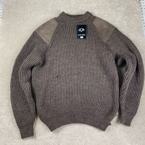 Black Sheep Pure Oiled Wool Sweater XL Brown Ribbed Suede Shoulder Elbow Patches